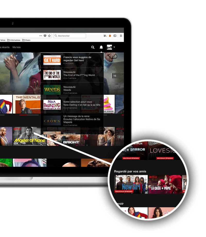 Image du Netflix réinventé sur Desktop. On voit les notifications des amis ainsi que les programmes qu'ils regardent.
